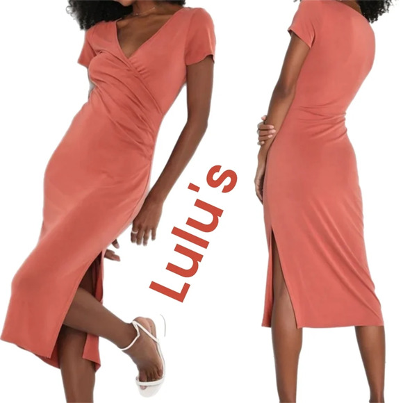 Lulu's Womens Cutest Moments Rusty Rose Short Sleeve Surplice Midi Dress Sz XL - Picture 1 of 12